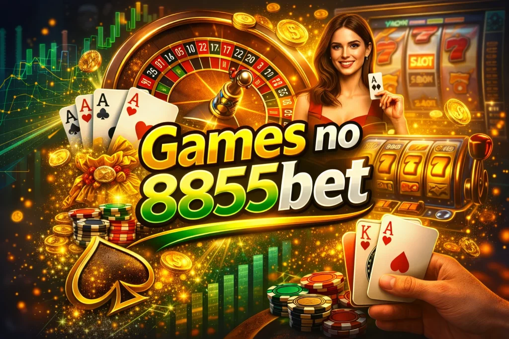 Imagem promocional da seção Games do 8855bet com roleta, cartas de poker, fichas de cassino, slot machine e dealer ao vivo em estilo ilustrado premium dourado