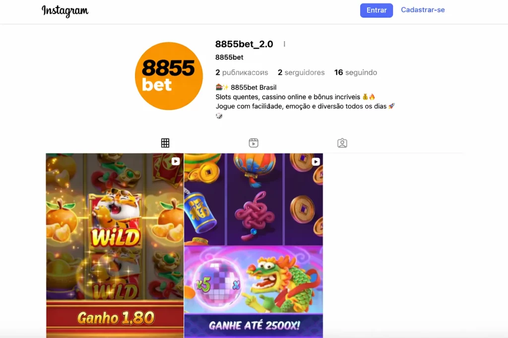 Perfil oficial da 8855bet no Instagram com logotipo laranja, prévias de slots online, bônus promocionais e destaques visuais voltados ao público brasileiro