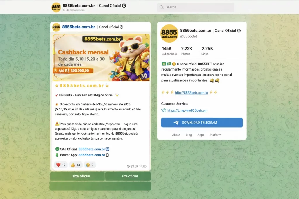 Canal oficial 8855bets.com.br no Telegram com promoções, cashback mensal e links para site e app
